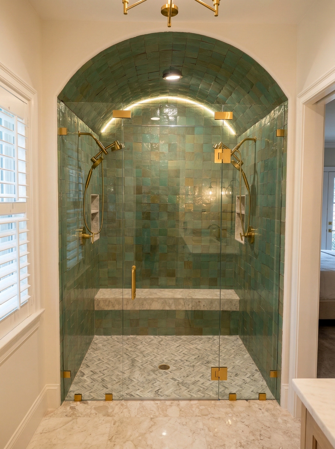 Stunning arched zellige tile shower enclosure with green mosaic