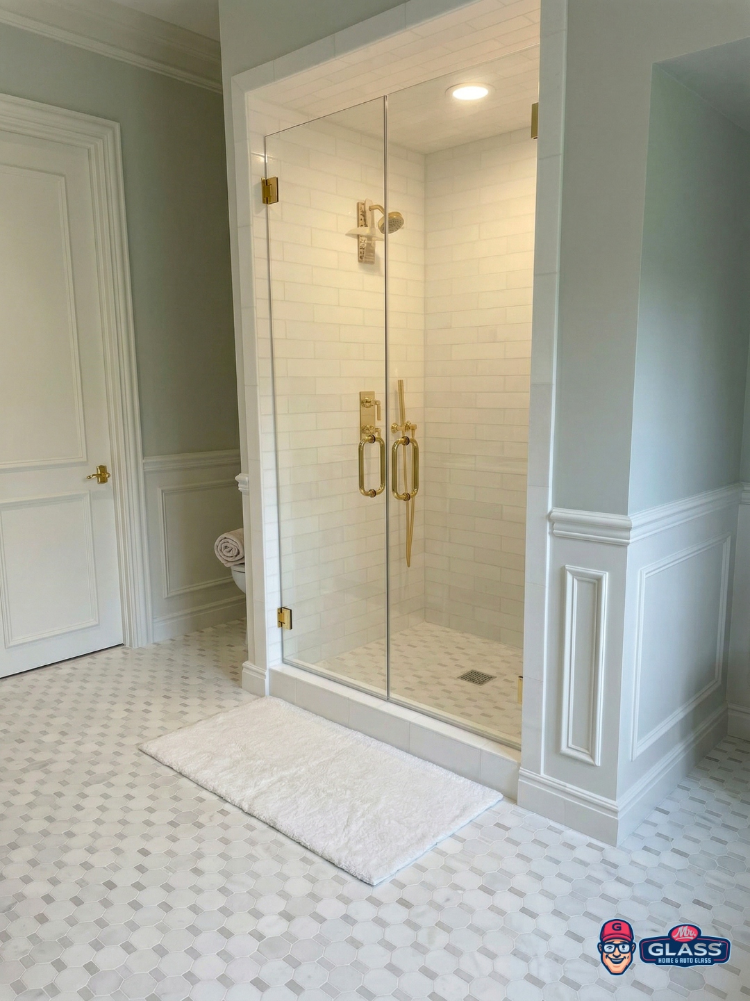 Elegant white and gold frameless glass shower enclosure