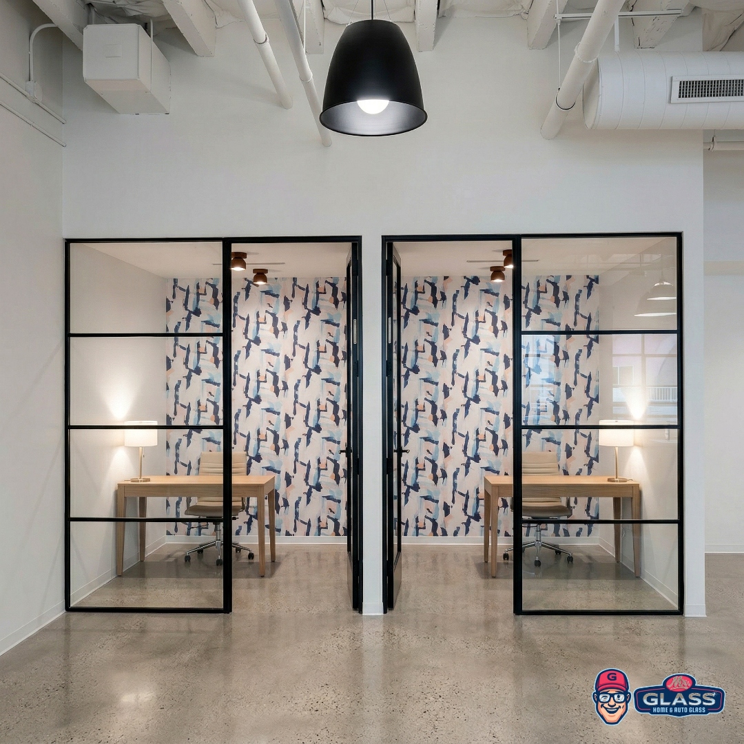 Black-frame glass office partitions and conference room